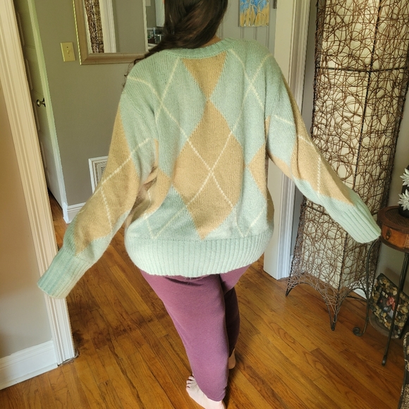 Ellos Plus Size Oversized Antique Mint Argyle Pullover Sweater Size 2X - Picture 11 of 16